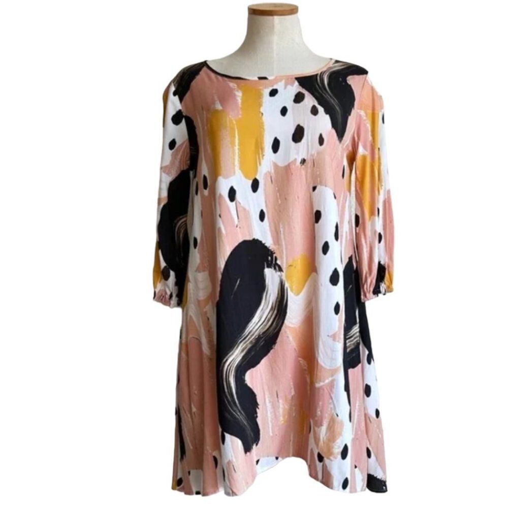 The Odells Rose/Peach  Black Long Sleeve Abstract/Geometric A Line Dress S